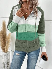 SHEIN LUNE 撞色插肩袖抽繩連帽網眼針織拉鍊開襟衫 - 彩色 - 查看 3