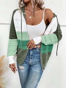 SHEIN LUNE 撞色插肩袖抽繩連帽網眼針織拉鍊開襟衫 - 彩色 - 查看 5