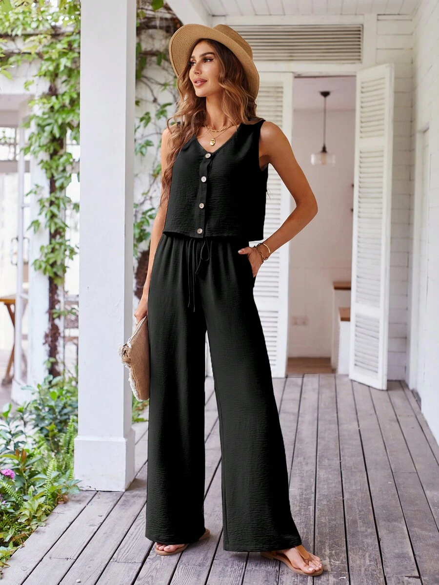Breezaya Button Front Tank Top & Wide Leg Trousers - Black - View 1