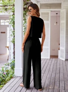 Breezaya Button Front Tank Top & Wide Leg Trousers - Black - View 2