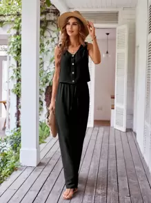 Breezaya Button Front Tank Top & Wide Leg Trousers - Black - View 5