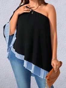 Celure Plus One Shoulder Contrast Panel Asymmetrical Hem Blouse