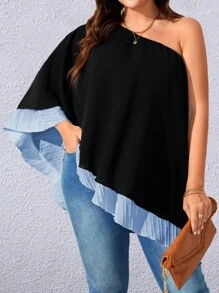 Celure Plus One Shoulder Contrast Panel Asymmetrical Hem Blouse