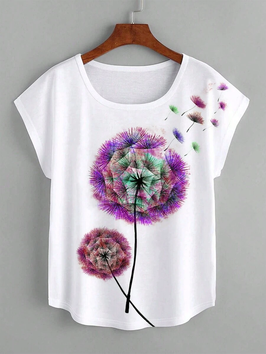 EMERY ROSE Dandelion Print Batwing Sleeve Tee - White - View 1