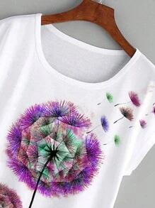EMERY ROSE Dandelion Print Batwing Sleeve Tee - White - View 5