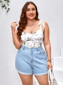 SHEIN VCAY 大碼卷邊牛仔短褲 - 淺色水洗藍 - 查看 3