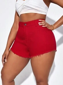 SHEIN SXY 大碼毛邊緣牛仔短褲 - 紅色 - 查看 1