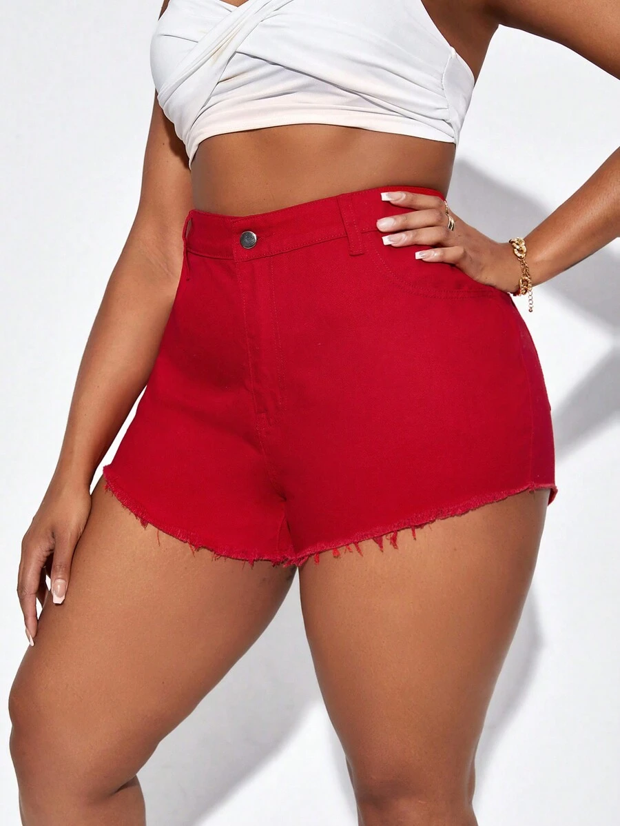 SHEIN SXY 大碼毛邊緣牛仔短褲 - 紅色 - 查看 1