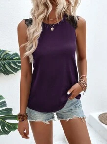 SHEIN LUNE Contrast Lace Tank Top - Purple - View 5