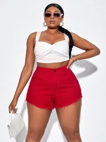SHEIN SXY 大碼毛邊緣牛仔短褲 - 紅色 - 查看 4