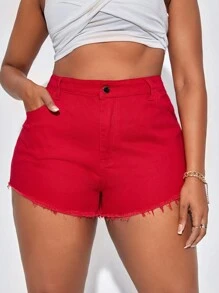 SHEIN SXY 大碼毛邊緣牛仔短褲 - 紅色 - 查看 5