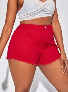 SHEIN SXY 大碼毛邊緣牛仔短褲 - 紅色 - 查看 6