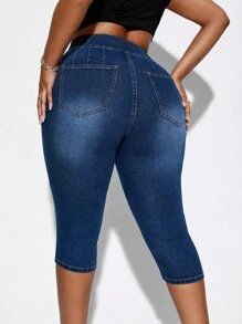 SHEIN SXY 大碼高腰緊身七分牛仔褲 - 深色水洗藍 - 查看 2