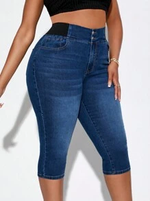 SHEIN SXY 大碼高腰緊身七分牛仔褲 - 深色水洗藍 - 查看 4