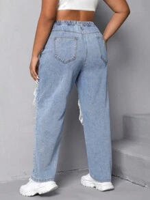 SHEIN EZwear 大碼高腰破洞直筒牛仔褲 - 淺色水洗藍 - 查看 2