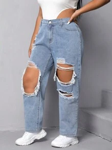 SHEIN EZwear 大碼高腰破洞直筒牛仔褲 - 淺色水洗藍 - 查看 3