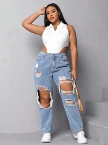 SHEIN EZwear 大碼高腰破洞直筒牛仔褲 - 淺色水洗藍 - 查看 4