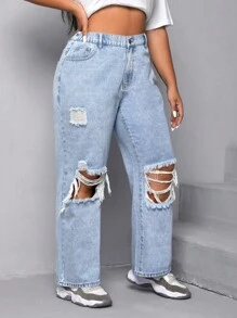 SHEIN EZwear Plus Ripped Boyfriend Jeans - Light Wash - View 6