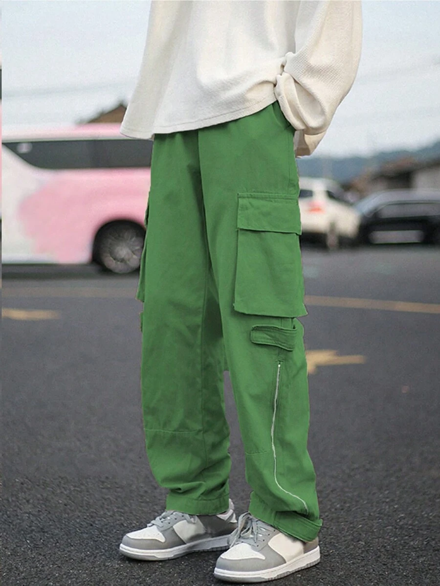 Manfinity Hypemode 男士側翻蓋口袋拉鏈細節工裝褲 - 綠色 - 查看 1