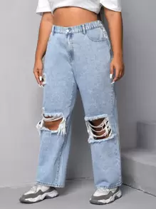 SHEIN EZwear Plus Ripped Boyfriend Jeans - Light Wash - View 4