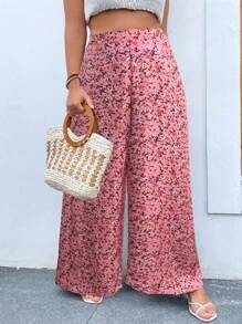 SHEIN Holidaya 大碼碎花闊腿褲 - 粉色 - 查看 1