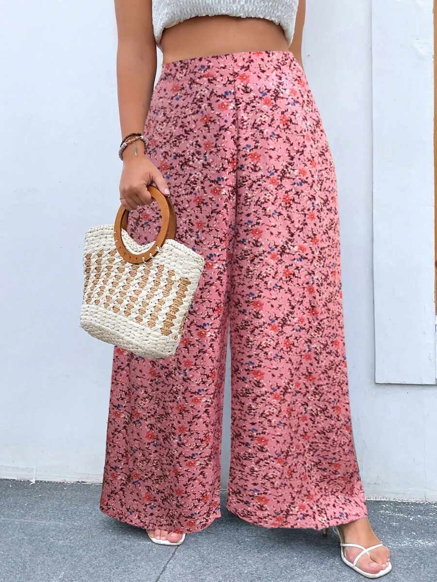 SHEIN Holidaya 大碼碎花闊腿褲 - 粉色 - 查看 1