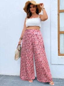 SHEIN Holidaya 大碼碎花闊腿褲 - 粉色 - 查看 3