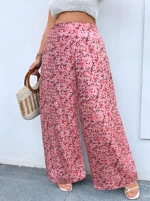 SHEIN Holidaya 大碼碎花闊腿褲 - 粉色 - 查看 4