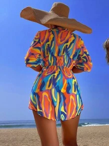 滿版印花掛脖三角杯比基尼泳裝附罩衫