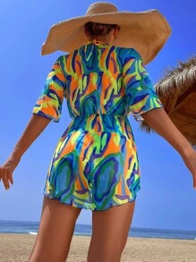 Allover Print Halter Triangle Bikini Set For Summer Beach With Kimono - Multicolor - View 2