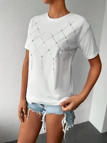 Cottnline Rhinestone Detail Tee - trắng - Xem 2
