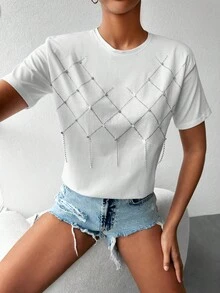 Cottnline Rhinestone Detail Tee - trắng - Xem 3