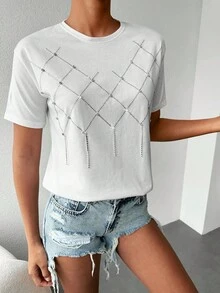 Cottnline Rhinestone Detail Tee - trắng - Xem 7