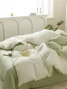 White And Green Water Washed Double Color Patchwork Duvet Cover Three Pieces Set - Green - View 7