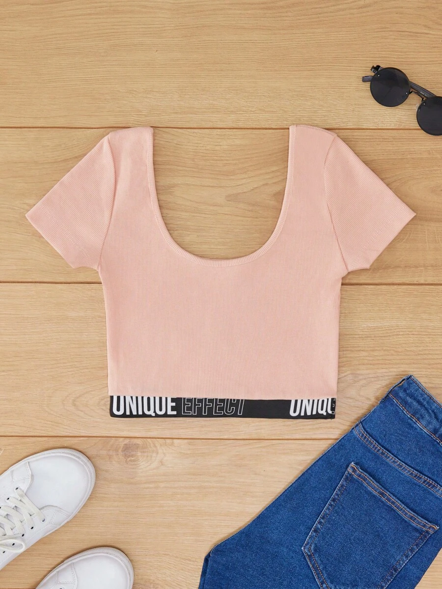 EURMUSE 拼接字母織帶短款T恤 - 粉色 - 查看 1