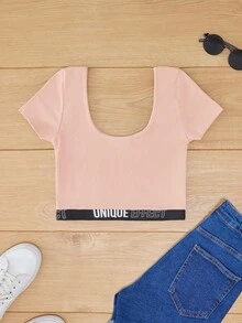 EURMUSE 拼接字母織帶短款T恤 - 粉色 - 查看 2