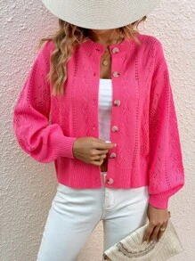 SHEIN VCAY 網眼針織落肩袖開襟衫 - 玫紅色 - 查看 1