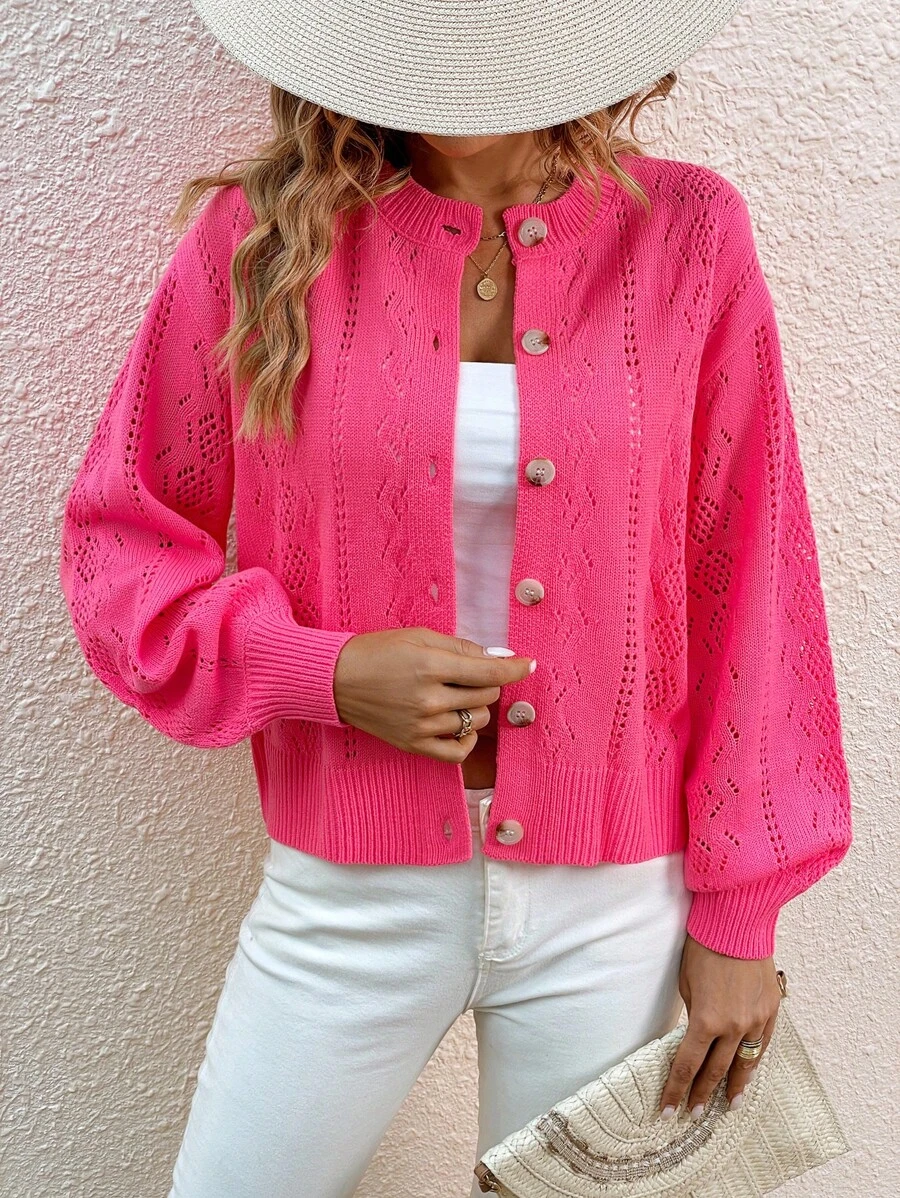 SHEIN VCAY 網眼針織落肩袖開襟衫 - 玫紅色 - 查看 1