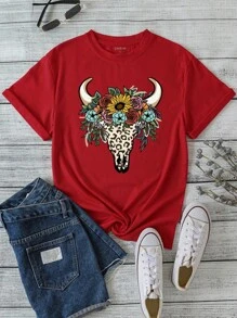 SHEIN LUNE Áo thun nữ Thú vật Hoa Giải trí - Đỏ - Xem 1