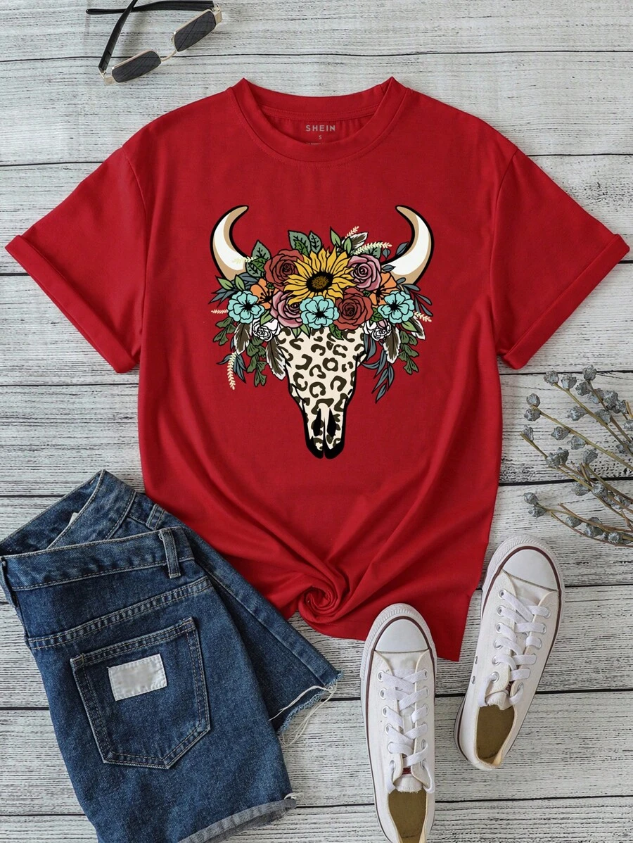 SHEIN LUNE Áo thun nữ Thú vật Hoa Giải trí - Đỏ - Xem 1