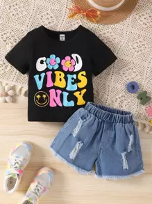 SHEIN Bộ 2 áo phông in chữ và quần short denim rách cho bé gái mùa hè - Nhiều màu - Xem 1