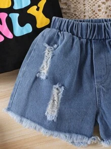 SHEIN Bộ 2 áo phông in chữ và quần short denim rách cho bé gái mùa hè - Nhiều màu - Xem 5