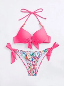 SHEIN Swim Paisley Print Knot Front Push Up Bikini Set For Summer Beach