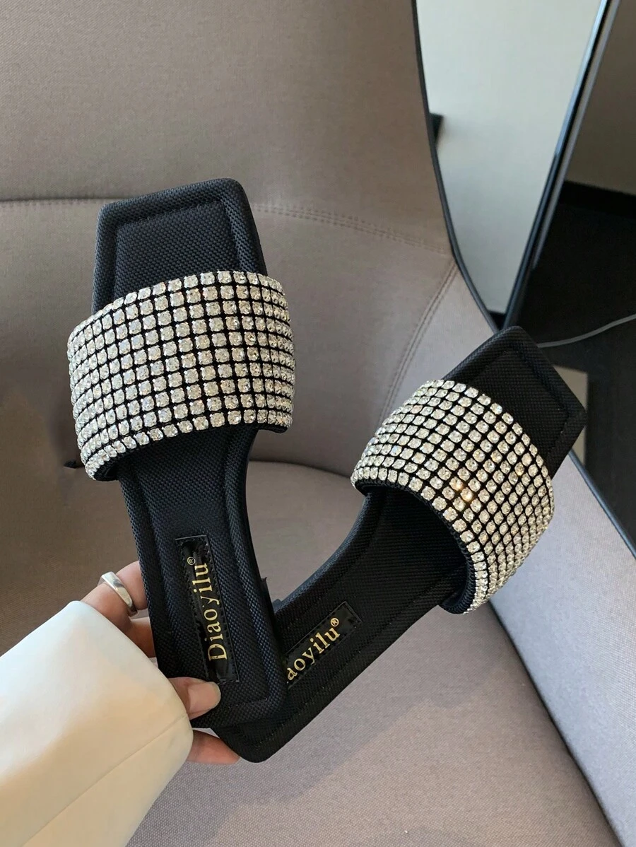 Women's Flat Sandals With Rhinestone Decor, Stylish Outdoor Comfortable Slippers For Summer Valentines