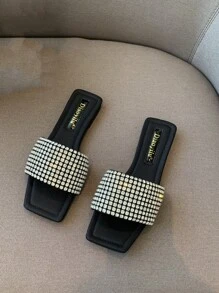 Women's Flat Sandals With Rhinestone Decor, Stylish Outdoor Comfortable Slippers For Summer Valentines