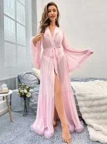 Crystal Vow 荷叶边喇叭袖荷叶边下摆系带网眼粉色睡袍女式长款性感睡袍 - 淺粉色 - 查看 4