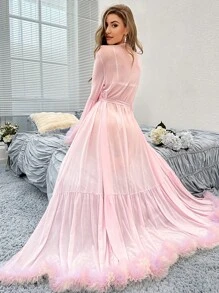 Crystal Vow 荷叶边喇叭袖荷叶边下摆系带网眼粉色睡袍女式长款性感睡袍 - 淺粉色 - 查看 1