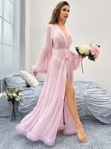 Crystal Vow 荷叶边喇叭袖荷叶边下摆系带网眼粉色睡袍女式长款性感睡袍 - 淺粉色 - 查看 5