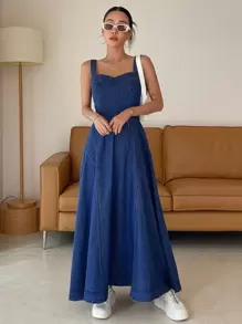 DAZY 女士束腰长吊带连衣裙，优雅休闲牛仔连衣裙，性感 - 深色水洗藍 - 查看 1