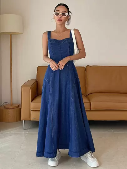DAZY 女士束腰长吊带连衣裙，优雅休闲牛仔连衣裙，性感